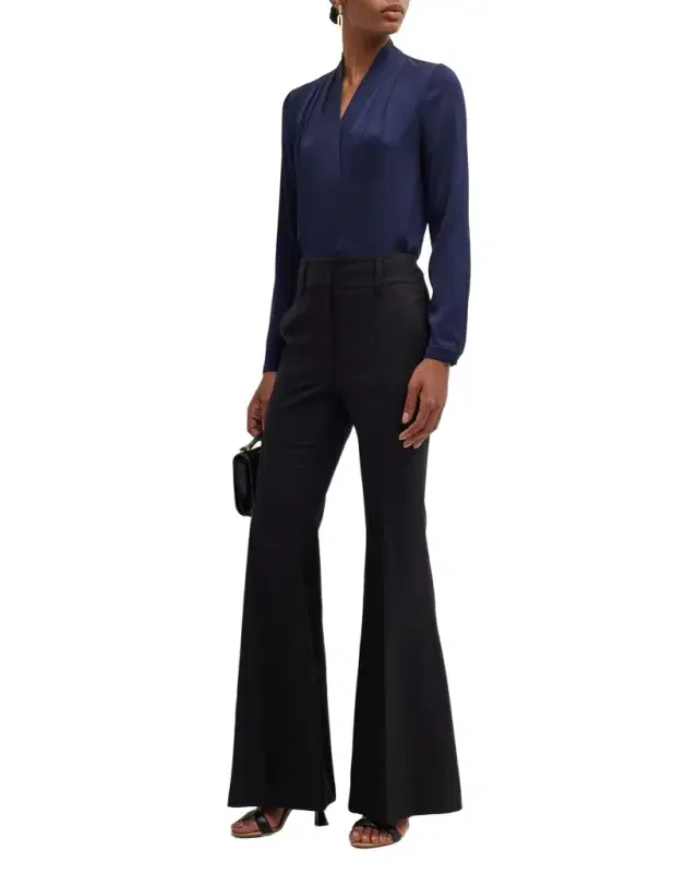 Nellie Pleated V-Neck Long-Sleeve Blouse