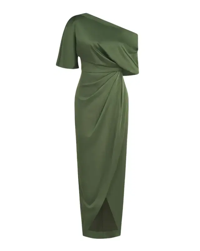 Theia Rayna Draped One-Shoulder High-Low Gown