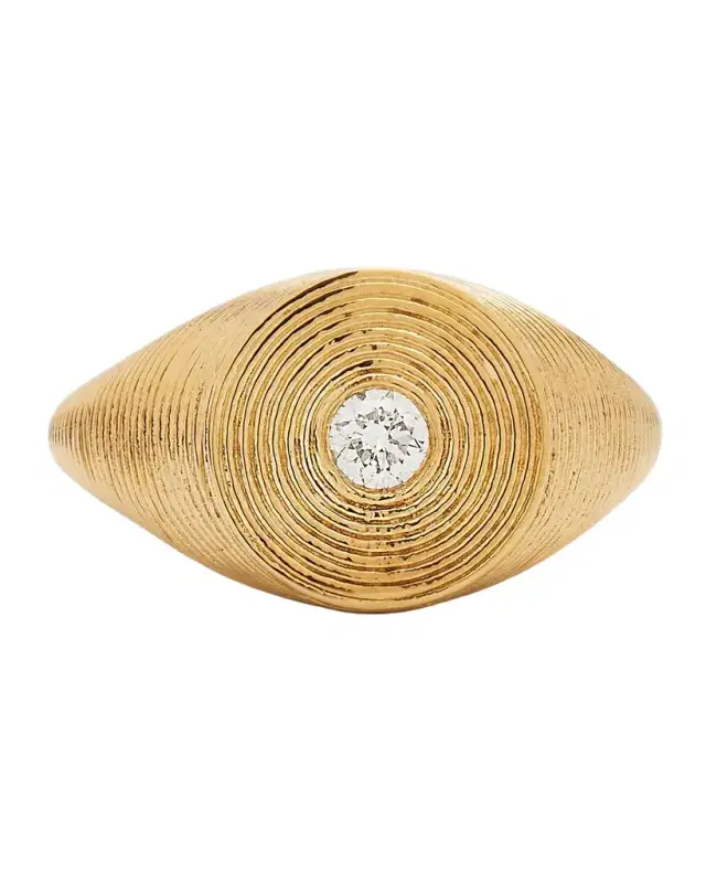 14K Gold Round Diamond Fluted Signet Ring