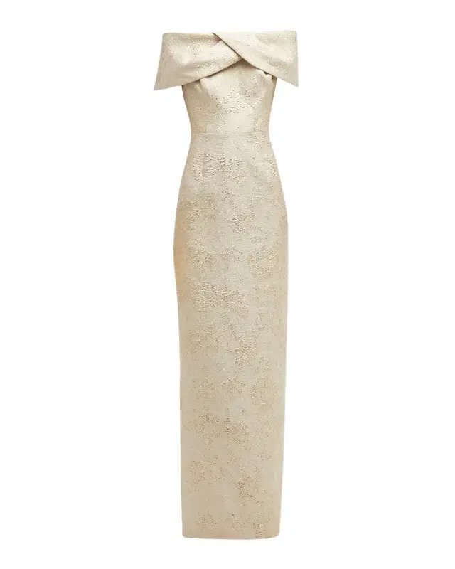 Rickie Freeman for Teri Jon Off-Shoulder Jacquard Column Gown