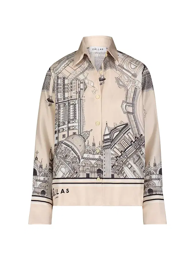 Callas Milano Women's Silk Twill Shirt with Venice Scarf Print Back - Travertine White
