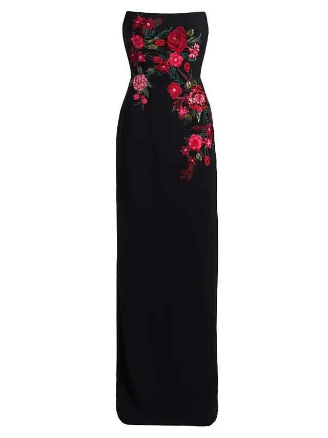 Rene Ruiz Collection Women's Embroidered Floral Crepe Strapless Column Gown - Black