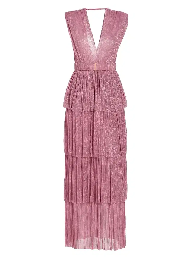 Sabina Musáyev Women's Skylar Tiered Belted Metallic Gown - Antique Rose