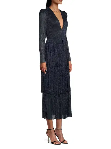 Sabina Musáyev Women's Carry Tiered Belted Metallic Dress - Navy | Thumbnail 4