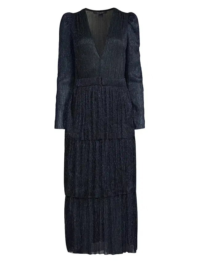 Sabina Musáyev Women's Carry Tiered Belted Metallic Dress - Navy