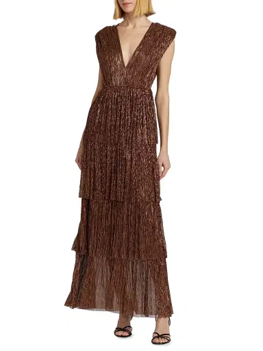 Sabina Musáyev Women's Skylar Tiered Belted Metallic Gown - Bronze | Thumbnail 6