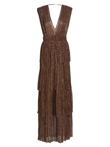Sabina Musáyev Women's Skylar Tiered Belted Metallic Gown - Bronze | Thumbnail 1