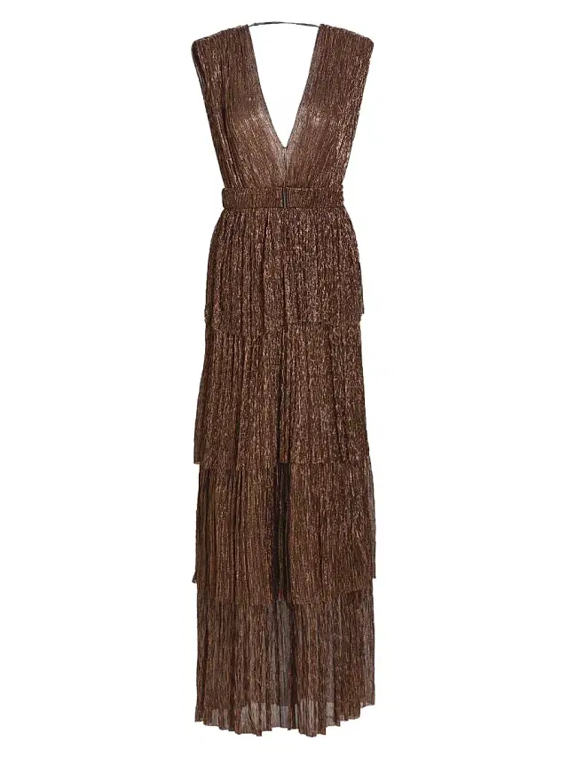 Sabina Musáyev Women's Skylar Tiered Belted Metallic Gown - Bronze