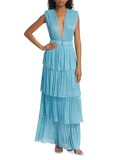 Sabina Musáyev Women's Skylar Tiered Belted Metallic Gown - Marine Blue | Thumbnail 2