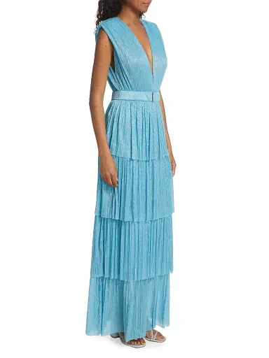 Sabina Musáyev Women's Skylar Tiered Belted Metallic Gown - Marine Blue | Thumbnail 3
