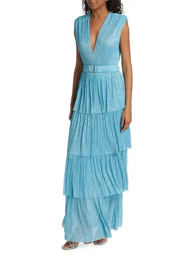 Sabina Musáyev Women's Skylar Tiered Belted Metallic Gown - Marine Blue | Thumbnail 4
