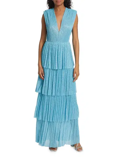 Sabina Musáyev Women's Skylar Tiered Belted Metallic Gown - Marine Blue | Thumbnail 6