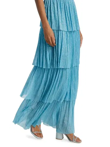 Sabina Musáyev Women's Skylar Tiered Belted Metallic Gown - Marine Blue | Thumbnail 7