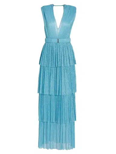 Sabina Musáyev Women's Skylar Tiered Belted Metallic Gown - Marine Blue | Thumbnail 1