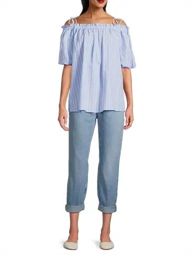 Harshman Women's Harmony Cotton Seersucker Top - Powder Blue Stripes | Thumbnail 2