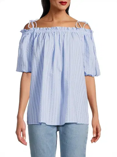Harshman Women's Harmony Cotton Seersucker Top - Powder Blue Stripes | Thumbnail 3