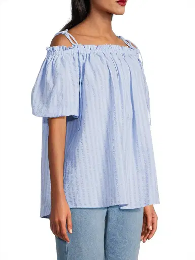 Harshman Women's Harmony Cotton Seersucker Top - Powder Blue Stripes | Thumbnail 4