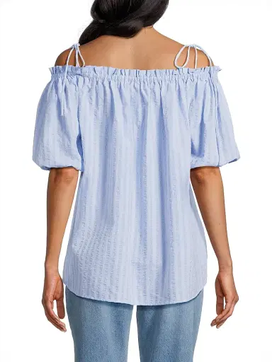 Harshman Women's Harmony Cotton Seersucker Top - Powder Blue Stripes | Thumbnail 5