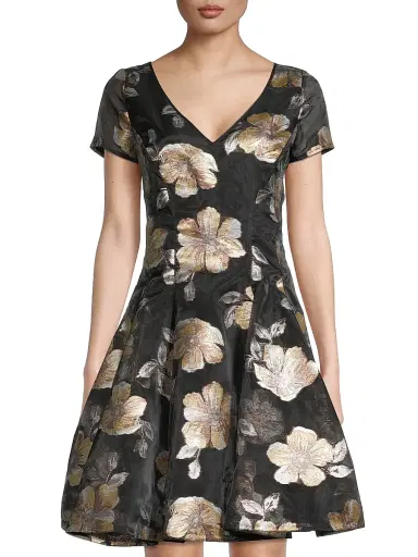 Shani Women's Floral Jacquard Fit & Flare Minidress - Black Gold - Size 14 | Thumbnail 3 Shani Women's Floral Jacquard Fit & Flare Minidress - Black Gold - Size 14 | Thumbnail 3