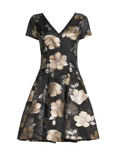 Shani Women's Floral Jacquard Fit & Flare Minidress - Black Gold - Size 14 | Thumbnail 1 Shani Women's Floral Jacquard Fit & Flare Minidress - Black Gold - Size 14 | Thumbnail 1
