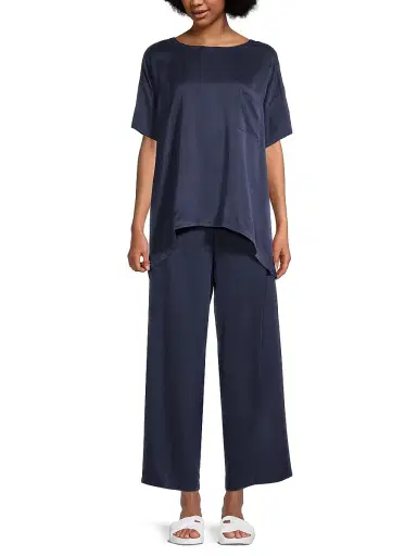 Lunya Women's Washable Silk T-Shirt & Pants Pajamas - Deep Blue - Size Small | Thumbnail 2