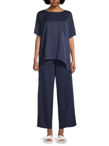Lunya Women's Washable Silk T-Shirt & Pants Pajamas - Deep Blue - Size Small | Thumbnail 3