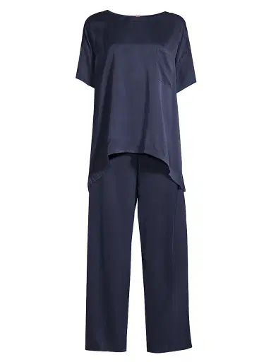 Lunya Women's Washable Silk T-Shirt & Pants Pajamas - Deep Blue - Size Small | Thumbnail 1