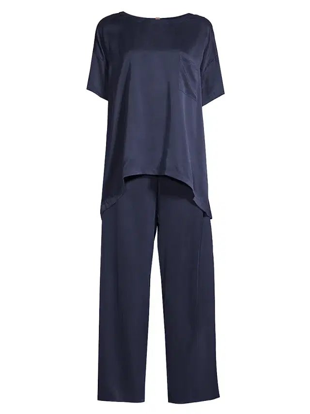 Lunya Women's Washable Silk T-Shirt & Pants Pajamas - Deep Blue