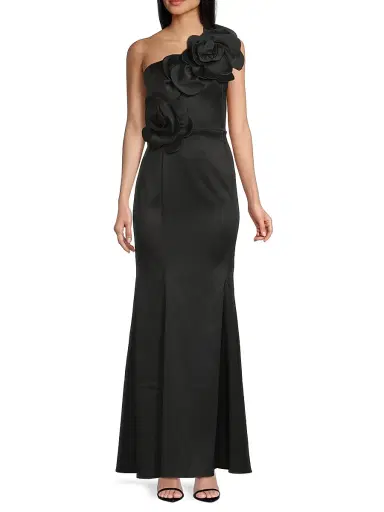 Shani Women's One-Shoulder Floral Appliqué Crepe Gown - Black - Size 16 | Thumbnail 2