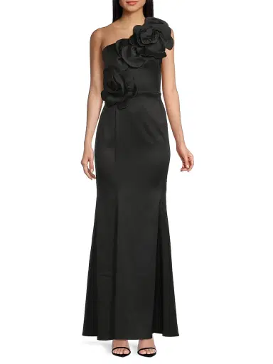 Shani Women's One-Shoulder Floral Appliqué Crepe Gown - Black - Size 16 | Thumbnail 3