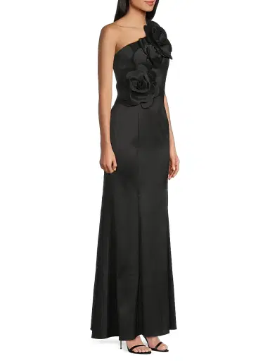 Shani Women's One-Shoulder Floral Appliqué Crepe Gown - Black - Size 16 | Thumbnail 4