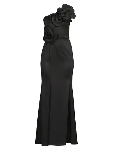 Shani Women's One-Shoulder Floral Appliqué Crepe Gown - Black - Size 16 | Thumbnail 1