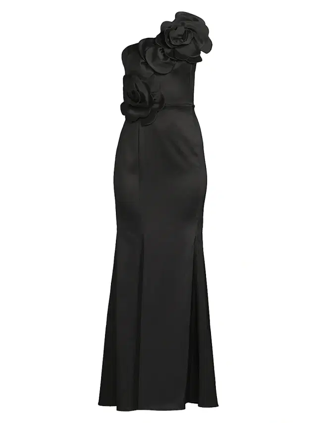 Shani Women's One-Shoulder Floral Appliqué Crepe Gown - Black