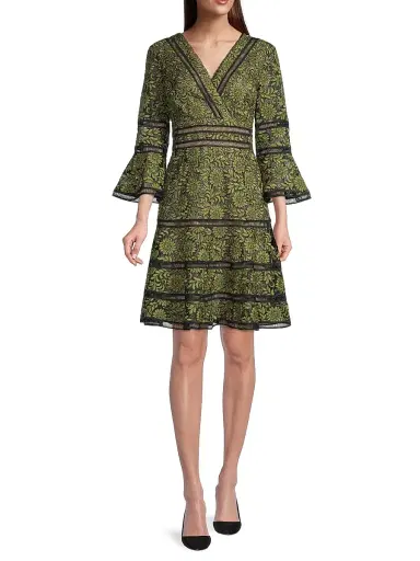 Shani Women's Floral Jacquard Lattice Trim Fit & Flare Midi-Dress - Black Green - Size 12 | Thumbnail 2