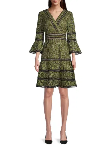 Shani Women's Floral Jacquard Lattice Trim Fit & Flare Midi-Dress - Black Green - Size 12 | Thumbnail 3
