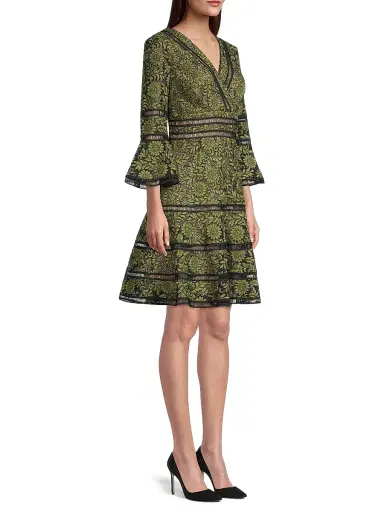 Shani Women's Floral Jacquard Lattice Trim Fit & Flare Midi-Dress - Black Green - Size 12 | Thumbnail 4