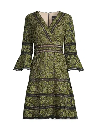 Shani Women's Floral Jacquard Lattice Trim Fit & Flare Midi-Dress - Black Green - Size 12 | Thumbnail 1