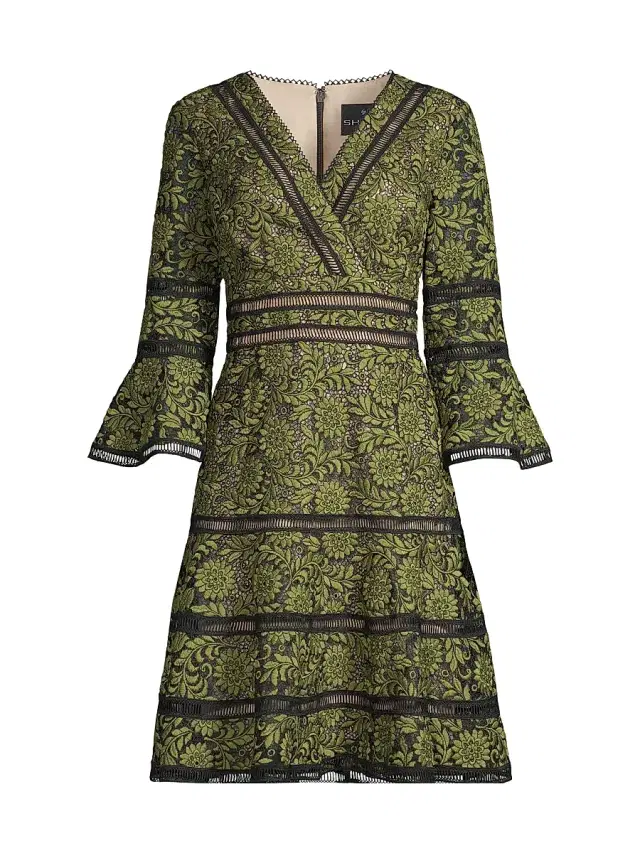 Women's Floral Jacquard Lattice Trim Fit & Flare Midi-Dress - Black Green
