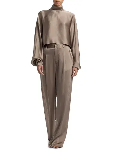 LAPOINTE Women's Pleated Satin Relaxed-Fit Pants - Cinder | Thumbnail 2