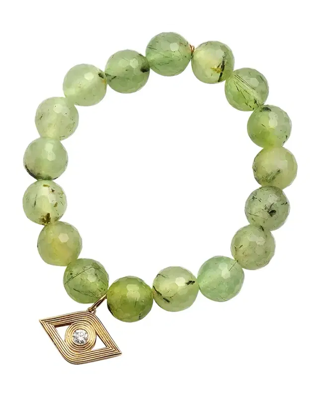14k Gold Prehnite Beaded Bracelet with Diamond Evil Eye Charm