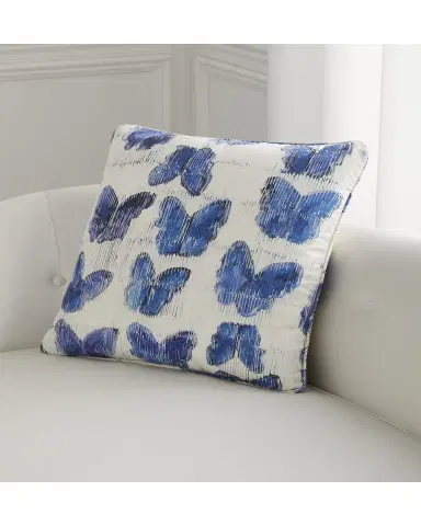 Hunt Slonem Butterflies In Blue Cotton Pillow, 22" | Thumbnail 2
