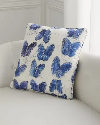 Hunt Slonem Butterflies In Blue Cotton Pillow, 22" | Thumbnail 1