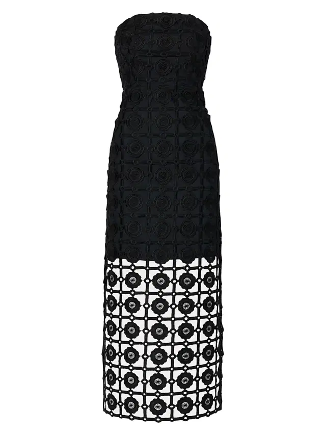 Milly Women's Kait Strapless Tiled Lace Midi-Dress - Black