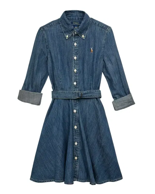 Girl 's Denim Belted Shirt Dress, Size 7-