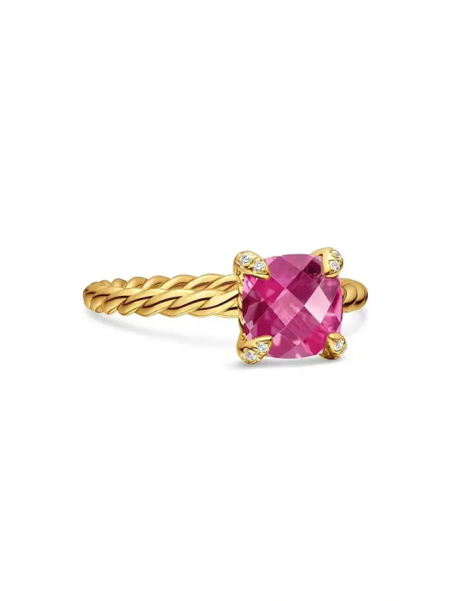 Women's Chatelaine Ring in 1K Yellow Gold with Pavé Diamonds - Pink Tourmaline