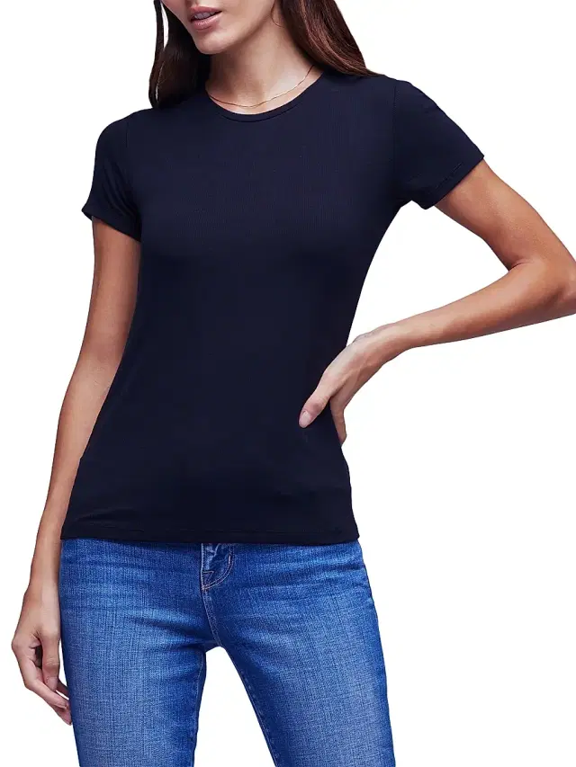 L'AGENCE Women's Ressi Rib-Knit Crewneck Tee - Black