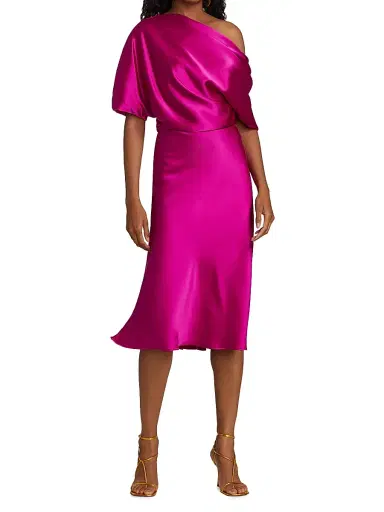 Amsale Women's Draped Satin One-Shoulder Midi-Dress | Thumbnail 2