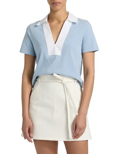 TANYA TAYLOR Women's Melanie Johnny Collar Cotton Short-Sleeve Top - Powder Blue | Thumbnail 3 TANYA TAYLOR Women's Melanie Johnny Collar Cotton Short-Sleeve Top - Powder Blue | Thumbnail 3
