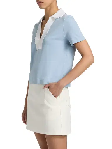 TANYA TAYLOR Women's Melanie Johnny Collar Cotton Short-Sleeve Top - Powder Blue | Thumbnail 4 TANYA TAYLOR Women's Melanie Johnny Collar Cotton Short-Sleeve Top - Powder Blue | Thumbnail 4