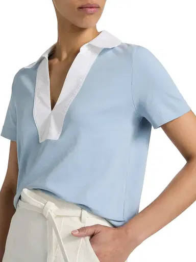 TANYA TAYLOR Women's Melanie Johnny Collar Cotton Short-Sleeve Top - Powder Blue | Thumbnail 6 TANYA TAYLOR Women's Melanie Johnny Collar Cotton Short-Sleeve Top - Powder Blue | Thumbnail 6